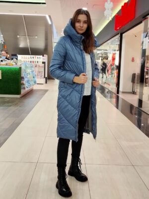 Пальто женское утепленное с капюшоном синее (1)